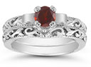 1/2 Carat Art Deco Garnet Bridal Ring Set, 14K White Gold