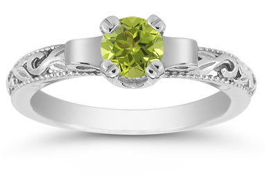 Art Deco Peridot Engagement Ring, 14K White Gold