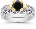 1 Carat Art Deco Black Diamond Bridal Ring Set