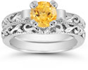 1 Carat Art Deco Citrine Bridal Ring Set, 14K White Gold