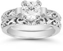 1 Carat White Topaz Art Deco Bridal Ring Set, 14K White Gold