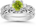 1 Carat Peridot Art Deco Bridal Ring Set, 14K White Gold