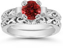 1 Carat Ruby Art Deco Bridal Ring Set, 14K White Gold