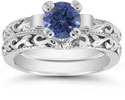 1 Carat Sapphire Art Deco Bridal Ring Set, 14K White Gold