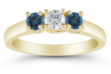 Three Stone Diamond and London Blue Topaz Ring, 14K Gold
