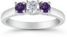 Three Stone Diamond and Amethyst Ring in 14K White Gold