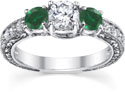 Antique-Style Emerald and Diamond Engagement Ring, 14K White Gold