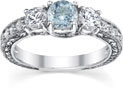 Antique-Style Three Stone Diamond and Aquamarine Engagement Ring, 14K White Gold