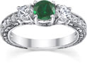 Antique-Style Three-Stone Diamond and Emerald Engagement Ring, 14K White Gold