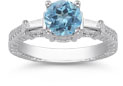 Blue Topaz and Diamond Engraved Engagement Ring, 14K White Gold