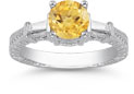 Citrine and Diamond Engraved Engagement Ring, 14K White Gold