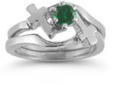 Emerald Cross Wedding Ring and Bridal Engagement Ring Set, 14K White Gold