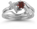 Garnet Cross Christian Wedding Ring Bridal Ring Set, 14K White Gold