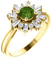 Green Tourmaline and Baguette Diamond Halo Ring, 14K Yellow Gold