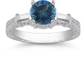 London Blue Topaz and Baguette Diamond Engagement Ring, 14K White Gold