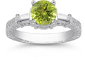 Peridot and Diamond Baguette Engagement Ring, 14K White Gold
