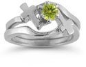 Peridot Cross Wedding Ring and Bridal Ring Set, 14K White Gold