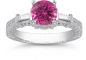 Pink Topaz and Baguette Diamond Engagement Ring in 14K White Gold