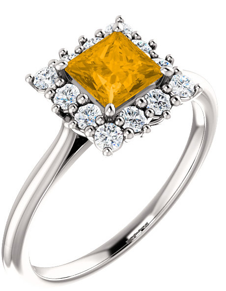 Golden Yellow Citrine Princess-Cut Halo Ring, Sterling Silver