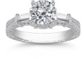 Round and Baguette CZ Engraved Engagement Ring, 14K White Gold