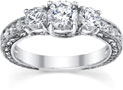 3/4 Carat Three-Stone Antique-Style Diamond Engagement Ring, 14K White Gold
