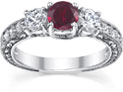 Three Stone Diamond and Ruby Floret Engagement Ring, 14K White Gold