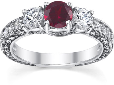 Three Stone Diamond and Ruby Floret Engagement Ring, 14K White Gold