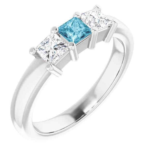 three-stone princess-cut aquamarine and diamond ring, 14k white gold