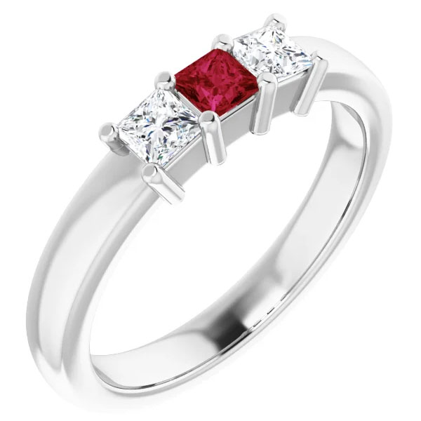 three-stone princess-cut ruby and diamond ring, 14k white gold