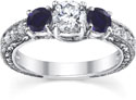Victorian-Style Sapphire and Diamond Three Stone Engagement Ring, 14K White Gold