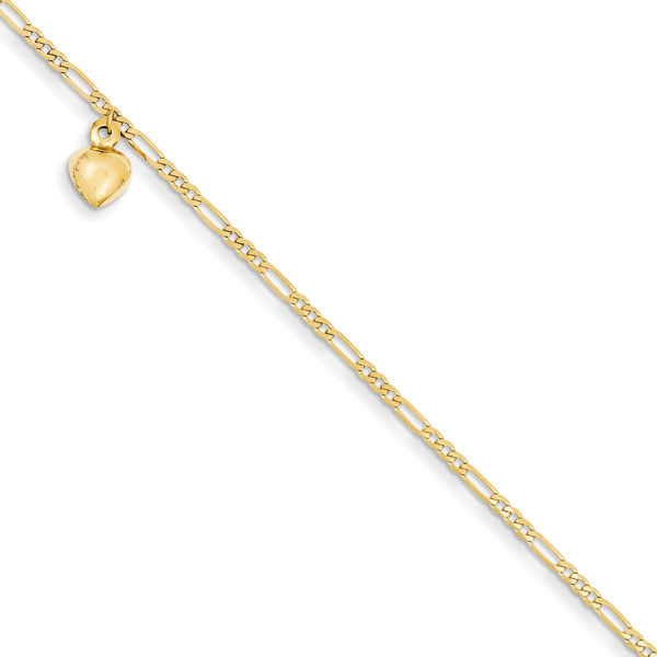 14K Gold Figaro Link Anklet with Dangling Heart Charm