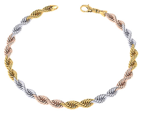 Handmade 14K Tri-Color Gold 8mm Rope Chain Bracelet