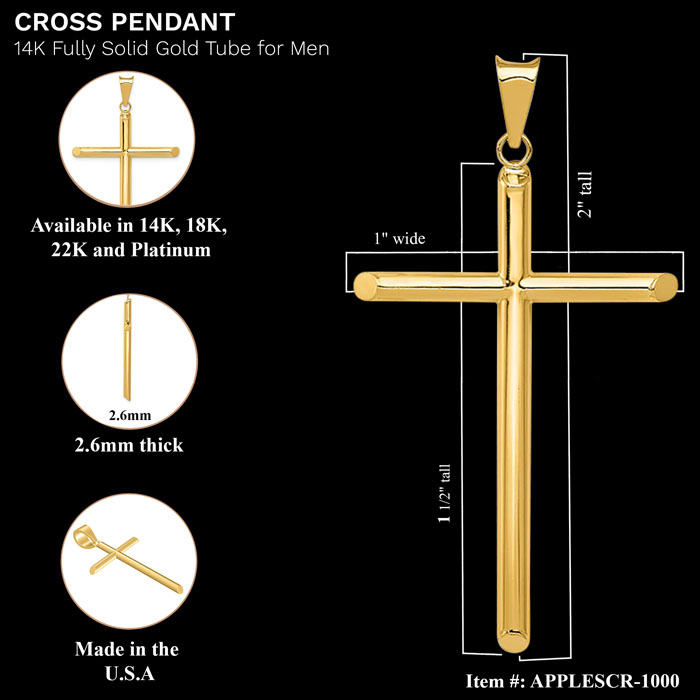 ﻿18K Gold Men's Tube Cross Pendant