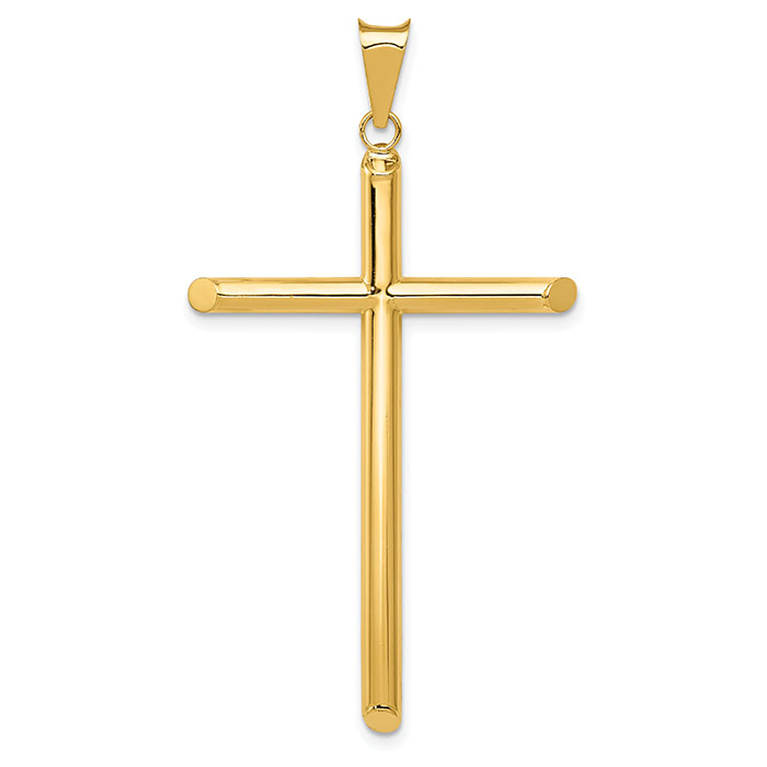 14K Solid Gold Large Polished Plain Tube Cross Pendant for Men