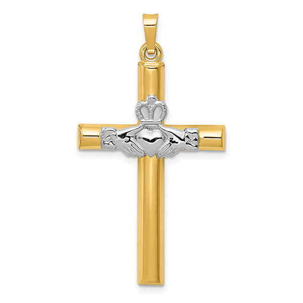 14K Two-Tone Gold Claddagh Cross Pendant for Men
