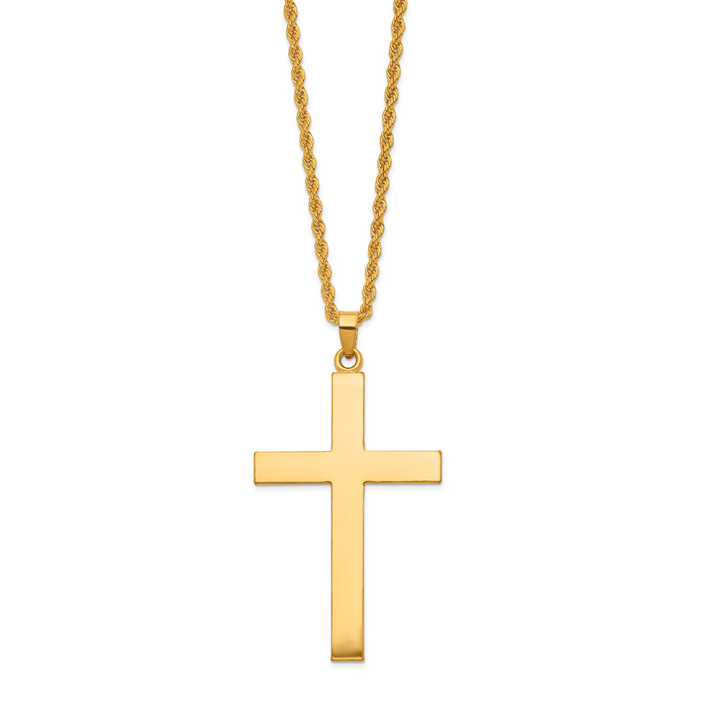 24K Solid Gold Cross Necklace with Rope Chain