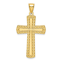 Large Polished Beaded Cross Pendant in 14K Gold