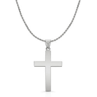 14K White Gold Plain Cross Necklace for Men with 2mm Rope Chain