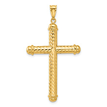 Large 14K Gold Polished Diamond-Cut Cross Pendant for Men
