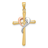 14K Gold Tri-Color Heart Cross Pendant