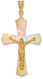 Large 14K Gold Tri-Color Crucifix Pendant for Men with Diamond Cut