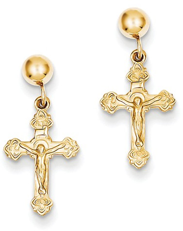 Dangling Crucifix Design Earrings in 14K Gold