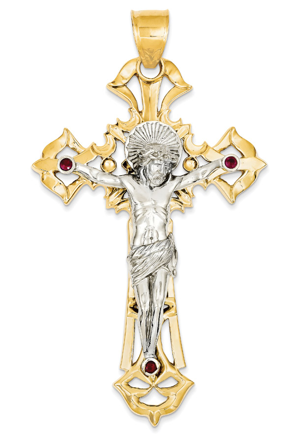 Extra Large Crucifix Pendant with Red CZ in 14K Two-Tone Gold