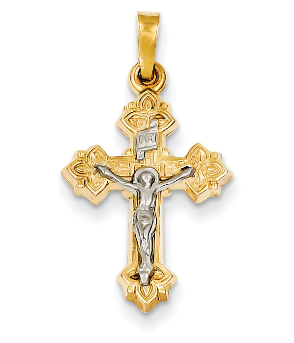 Fleur-de-Lis INRI Crucifix Necklace, 14K Two-Tone Gold