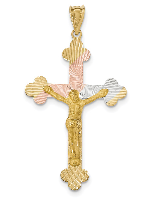 Fleur-de-Lis Tri-Color Crucifix Pendant, 14K Gold