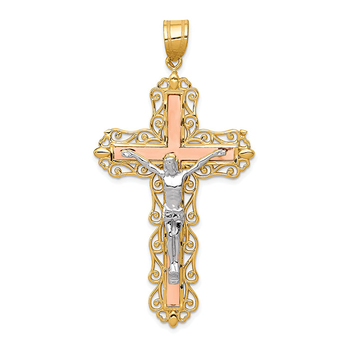 Large Adorned Crucifix Pendant with Heart Accents in 14K Tri-Color Gold
