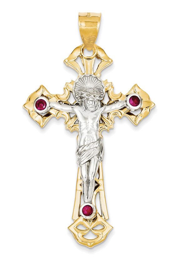 Large Crucifix Pendant in 14K Two Tone Gold with Red CZ