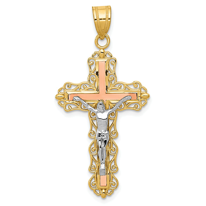 Tri-Color Gold Crucifix Pendant in 14K