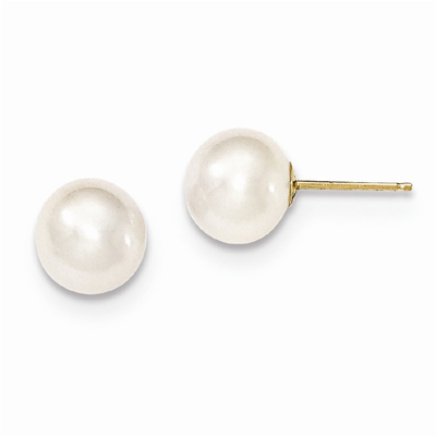 8-9mm White Round Freshwater Cultured Pearl Stud Earrings, 14K Gold