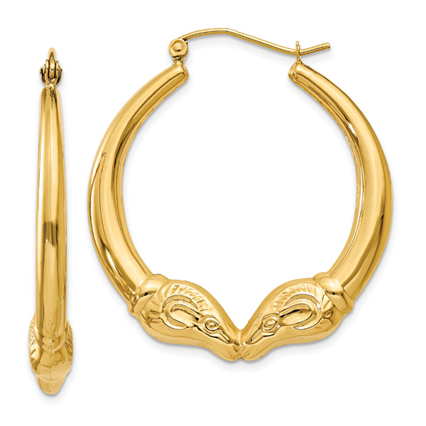 14K Gold Ram Hoop Earrings, 1 3/8